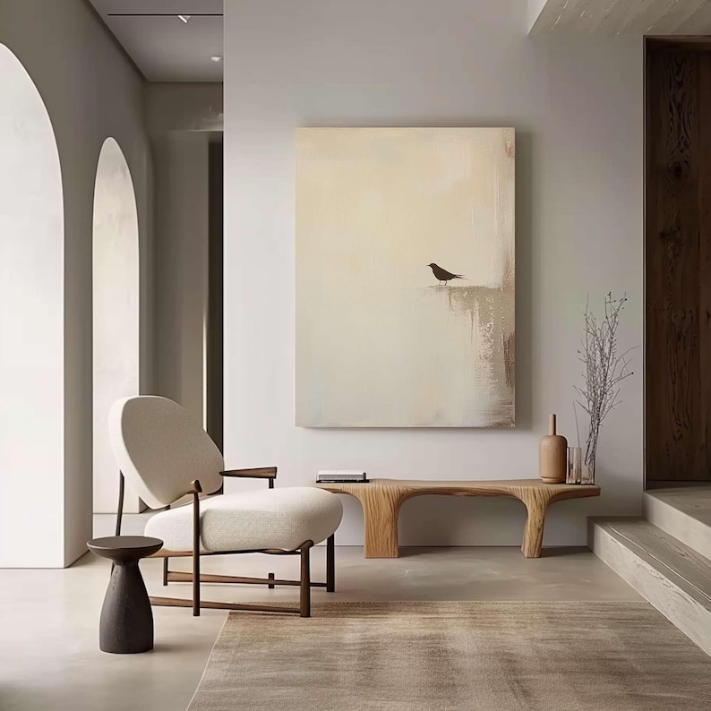 Origineel beige abstract vogelschilderij, minimalistische Wabi-Sabi muurkunst, modern neutraal interieur afbeelding 7