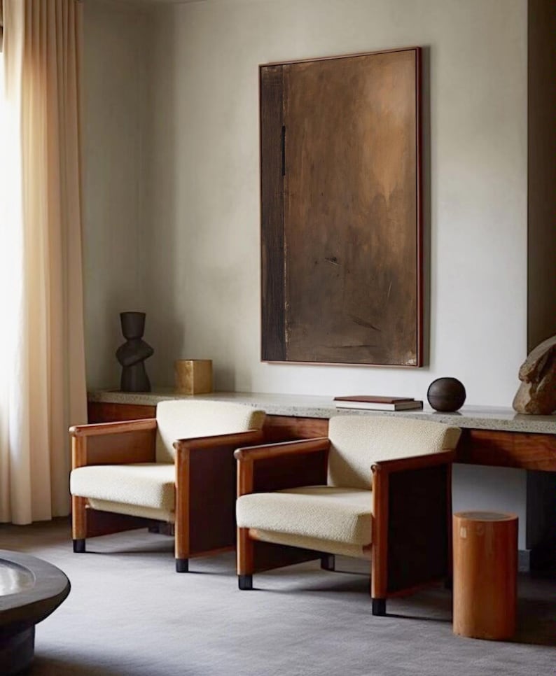 Pintura Wabi-Sabi Marrom, Pintura Abstrata Marrom Escuro, Pintura a Óleo Medieval Marrom, Decoração de Parede Minimalista Preta, Arte de Parede em Tela Preta imagem 7