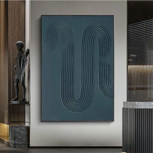 Blue Green 3D Textured Abstract Painting: Modern Minimalist Wall Art