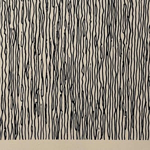 May include: Abstract artwork featuring a pattern of vertical black lines on a cream-colored background. The lines vary in thickness and have a slightly organic, hand-drawn quality, creating a textured visual effect. The artwork has a minimalist aesthetic.