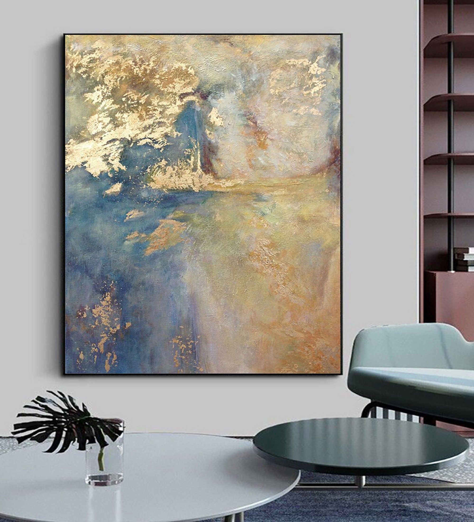Original Light Blue Abstract Wall Art Gold and Light Blue Etsy