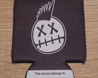May include: Black and white can cooler with a cartoon face with a mohawk and the text "This koozie belongs to:"