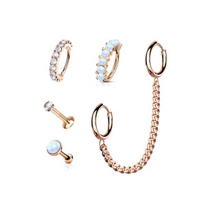 Rose Gold 5 Piece Jewelry Set - Piercing Set - Everyday Jewelry - Earring Gifts -  Hoop, Labret, Chain Set