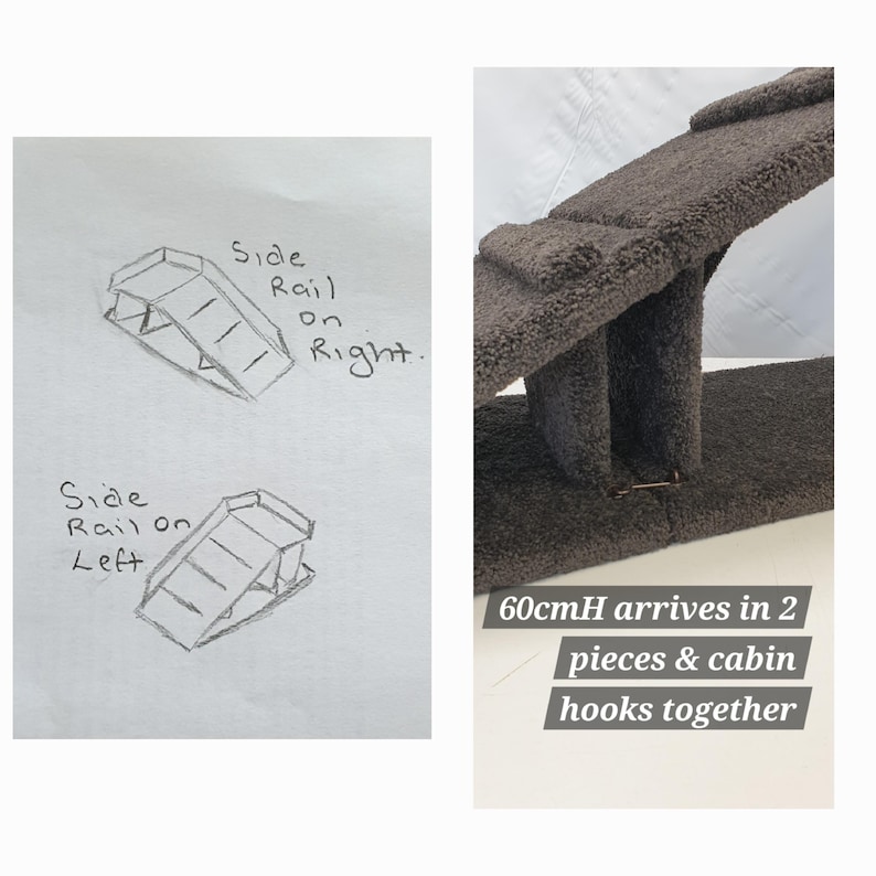 Puede incluir: Un &aacute;rbol para gatos marr&oacute;n con una superficie de felpa texturizada. La imagen incluye un boceto del dise&ntilde;o del &aacute;rbol para gatos y el texto que dice "60cmH arrives in 2 pieces & cabin hooks together."