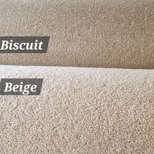 Puede incluir: Primer plano de dos muestras de alfombra. La muestra superior es de color galleta y la muestra inferior es beige. Ambas muestras tienen un pelo texturizado y en bucle. Los textos "Biscuit" y "Beige" se muestran en las muestras.