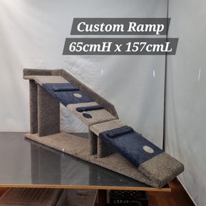 Puede incluir: Rampa personalizada, de 65 cm de alto y 157 cm de largo, con un dise&ntilde;o bicolor. La rampa presenta una base y escalones de color beige con detalles en azul marino y recortes circulares. El texto "Custom Ramp" y las dimensiones son visibles.