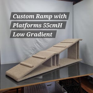 Puede incluir: Una rampa beige personalizada con plataformas, de aproximadamente 55 cm de altura, y una pendiente baja. La rampa tiene m&uacute;ltiples plataformas y est&aacute; dise&ntilde;ada para mascotas. El texto en la imagen dice "Custom Ramp with Platforms 55cmH Low Gradient."