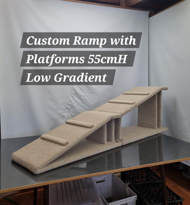 Puede incluir: Una rampa beige personalizada con plataformas, de aproximadamente 55 cm de altura, y una pendiente baja. La rampa tiene m&uacute;ltiples plataformas y est&aacute; dise&ntilde;ada para mascotas. El texto en la imagen dice "Custom Ramp with Platforms 55cmH Low Gradient."
