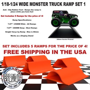 1/24th Monster Truck Ramp Set 1 Includes 5 Stunt/Jump Ramps - WIDE - Works as Display Stand - Includes Anti Slip Rubber Feet - Great Gift!