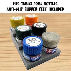 Tamiya 10ml Paint Bottle Holder Stepped Narrow Style - Holds 6 Tamiya 10ml Bottles with Anti-Slip Rubber Feet - 3D Printed