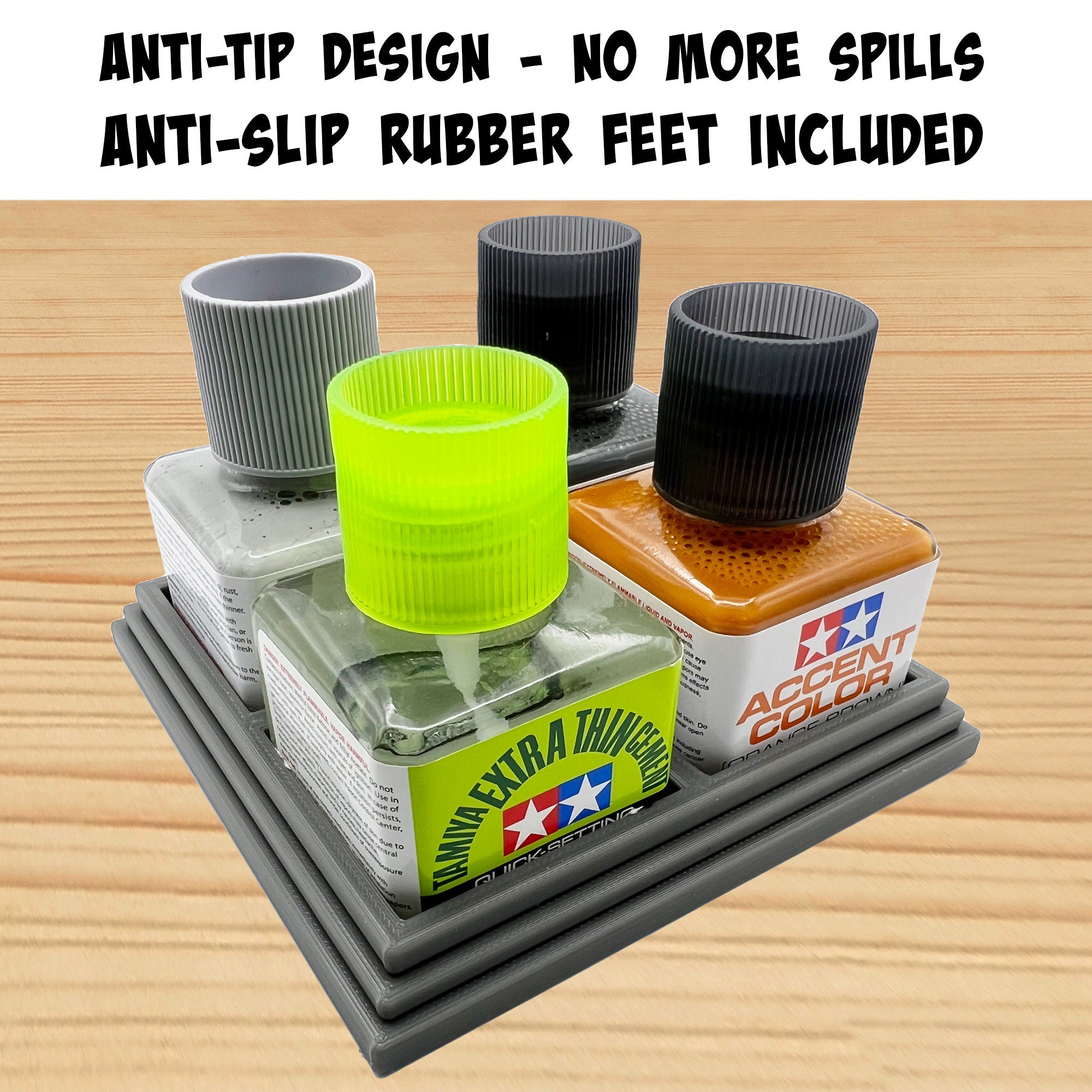 Anti-tip 3D Printed Tamiya Glue Bottle Holder Quad Square With