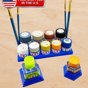 Tamiya 10ml / 23ml Paint Bottle Holder Stepped w/ Glue Holders - Paint Stand Holds 9 Bottles with Rubber Feet and Brush Holders - 3D Printed