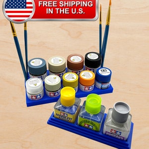 Tamiya 10ml / 23ml Paint Bottle Holder Stepped w/ Glue Holder - Paint Stand Holds 9 Bottles with Rubber Feet and Brush Holders - 3D Printed
