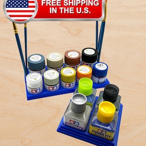 Tamiya 10ml / 23ml Paint Bottle Holder Stepped w/ Glue Holder - Paint Stand Holds 9 Bottles with Rubber Feet and Brush Holders - 3D Printed
