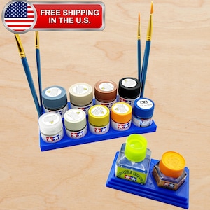 Tamiya 10ml / 23ml Paint Bottle Holder Stepped w/ Glue Holder - Paint Stand Holds 9 Bottles with Rubber Feet and Brush Holders - 3D Printed