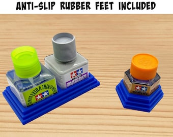 Anti-Tip 3D Printed Tamiya Glue Bottle Holder Dual Square & Hex Style 1 Each w/Rubber Feet Holds 2 Tamiya 42ml Square and 1 20ml Hex Bottle