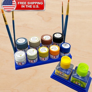 Tamiya 10ml / 23ml Paint Bottle Holder Stepped w/ Glue Holder - Paint Stand Holds 9 Bottles with Rubber Feet and Brush Holders - 3D Printed
