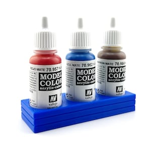 Vallejo 17mm Paint Bottle Holder / Stand - Holds 3 Vallejo 17mm Bottles with Anti-Slip Rubber Feet - 3D Printed