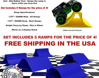 1/24th Monster Truck Ramp Set 1 Includes 5 Stunt/Jump Ramps - 200MM - Works as Display Stand - Includes Anti Slip Rubber Feet - Great Gift!