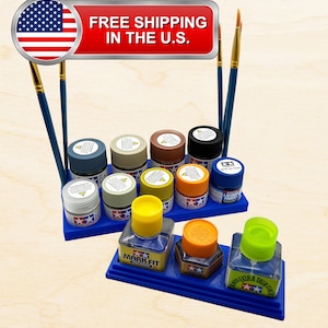 Tamiya 10ml / 23ml Paint Bottle Holder Stepped w/ Glue Holder - Paint Stand Holds 9 Bottles with Rubber Feet and Brush Holders - 3D Printed