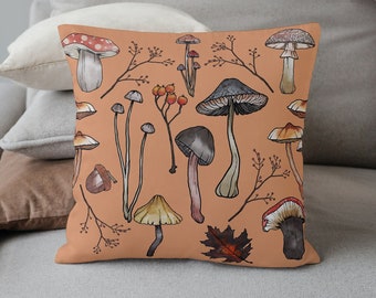 Botanical Mushroom Throw Pillow: Vintage Fungi Print, Cottagecore Decor