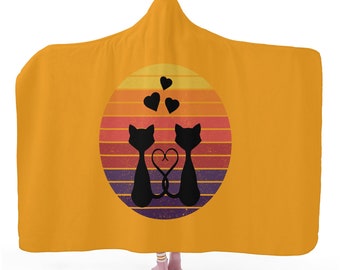 Romantic Cats Hooded Blanket, Cozy Yellow Animal Print
