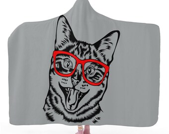 Funny Cat Hooded Blanket, Sunglasses Print, Cozy Hoodie Blanket