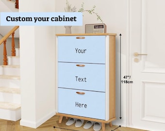May include: A wooden shoe cabinet with three drawers, each with a light blue front and a wooden handle. The cabinet is 47 inches tall, 31.5 inches wide, and 9.45 inches deep. The text "Custom your cabinet" is at the top.