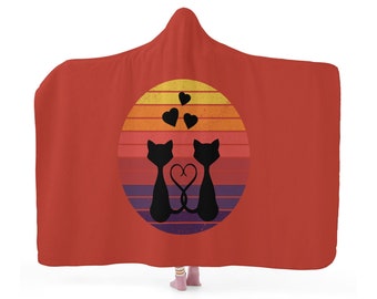 Romantic Cats Hooded Blanket, Cozy Animal Print Blanket, Pet Lover Gift