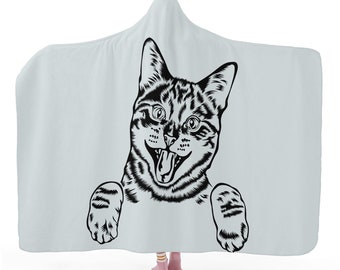 Couverture à capuche imprimé chat, suède polyester confortable, adulte/jeune