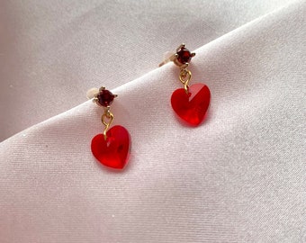 Love Red Glass Heart Zircon Earrings