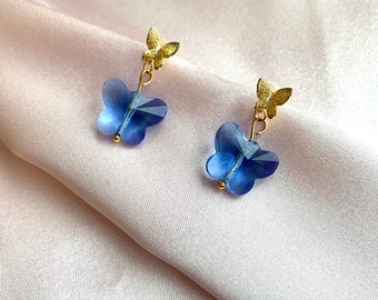 Blue Glass Butterfly 18k Gold Plated Stud Earrings