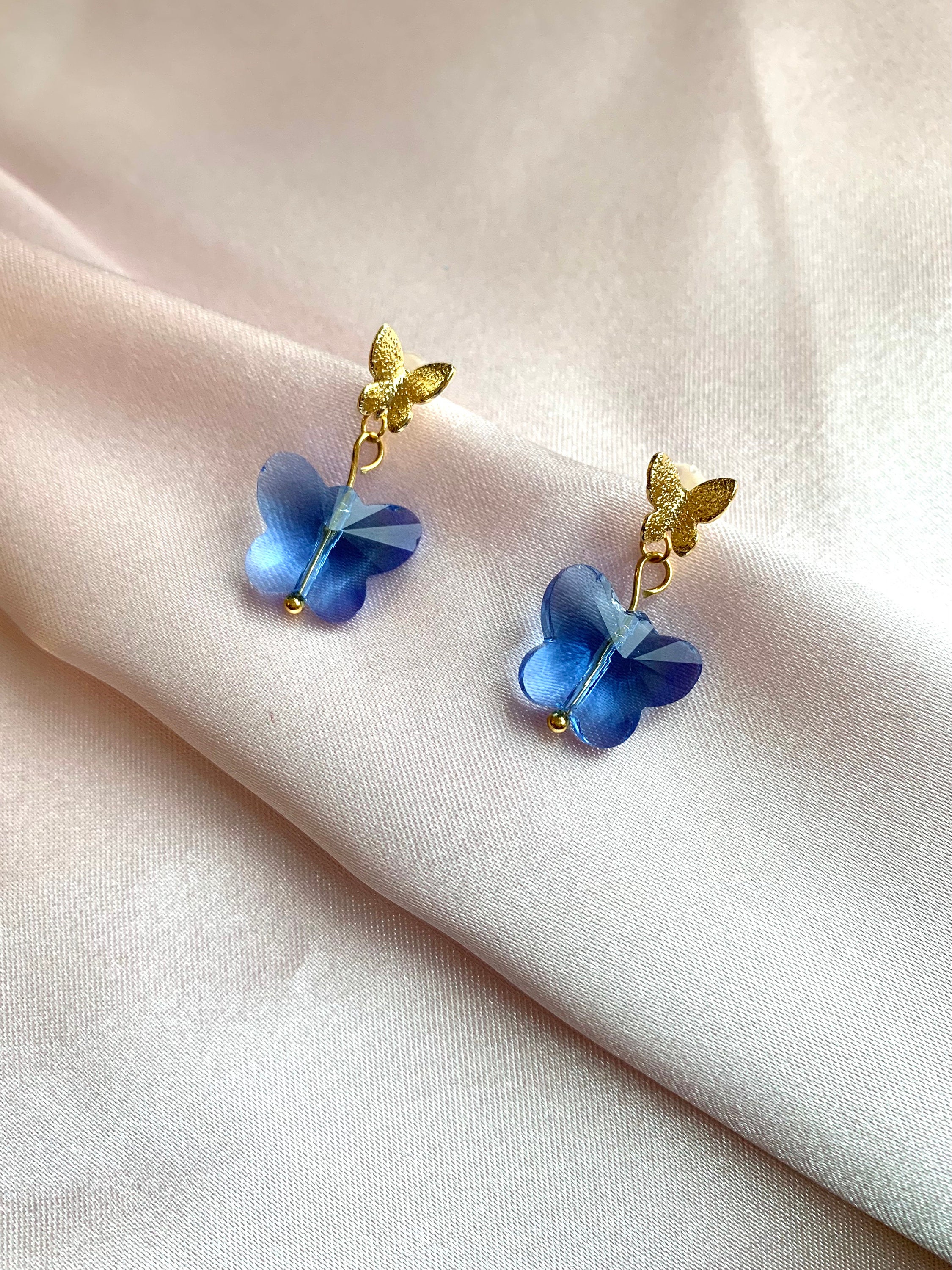 Blue Glass Butterfly 18k Gold Plated Stud Earrings