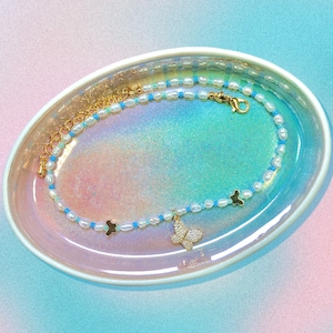 Trendy Butterfly Blue & Green Freshwater Pearl Choker Necklace