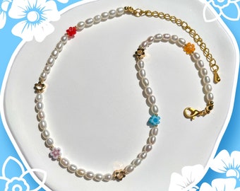 Hawaiian Flower Beaded Freshwater Pearl Necklace
