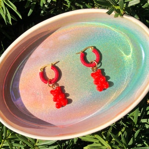Gummy Bear Gold Cherry Red Hoop Earrings