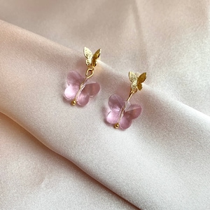 Pink Glass Butterfly 18k Gold Plated Stud Earrings