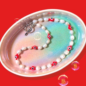Chic Red Evil Eye Süßwasser Perlen Choker Halskette