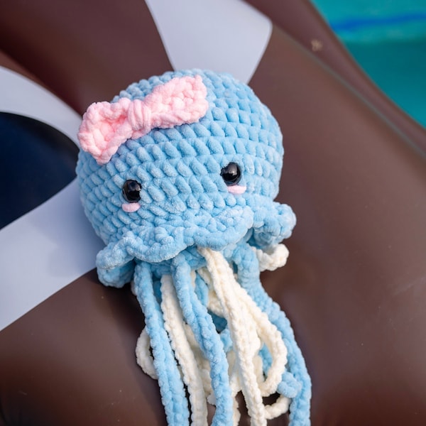 Jumbo Cuddly Jellyfish Crochet Toy with Pink Bow, Handmade in Australia, Perfect for Kids and Sea Creature Lovers