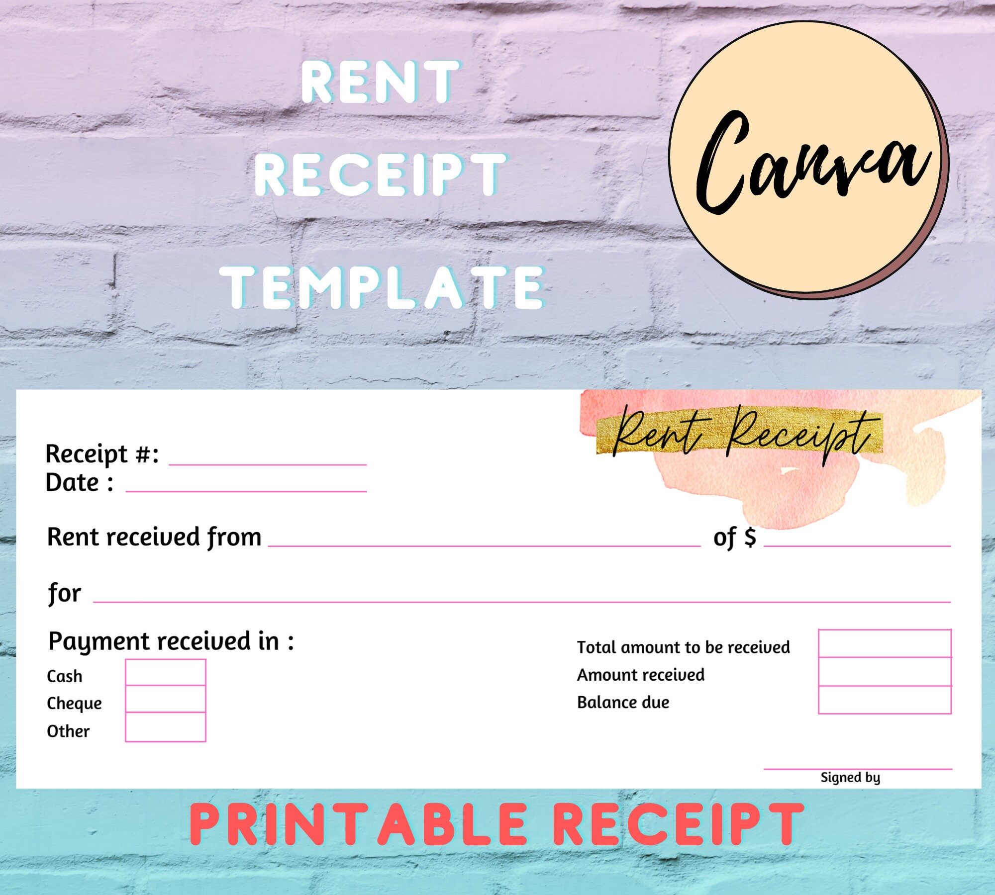 rent receipt template printable editable in canva small etsy