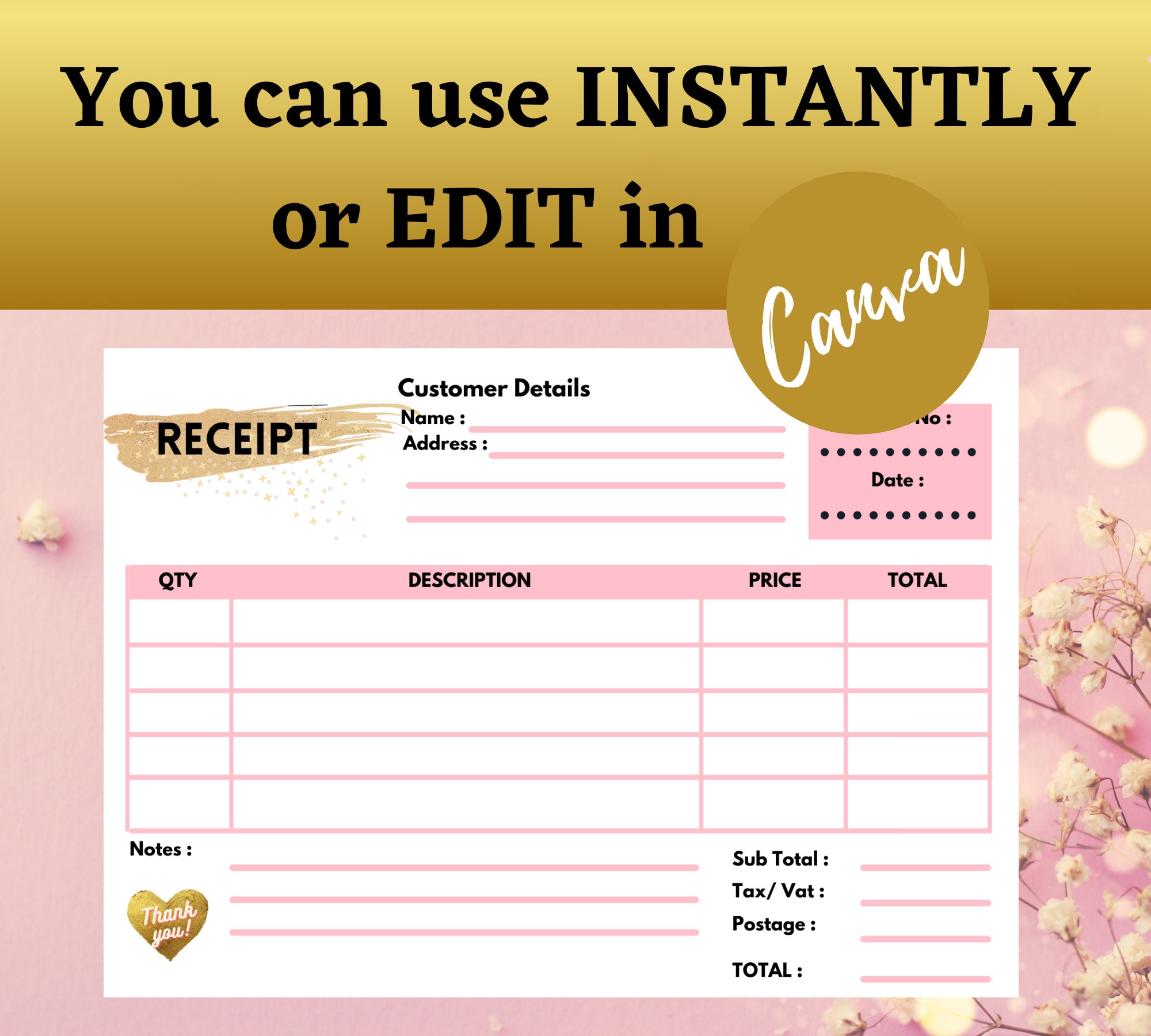 printable receipt template business canva a6 size editable etsy