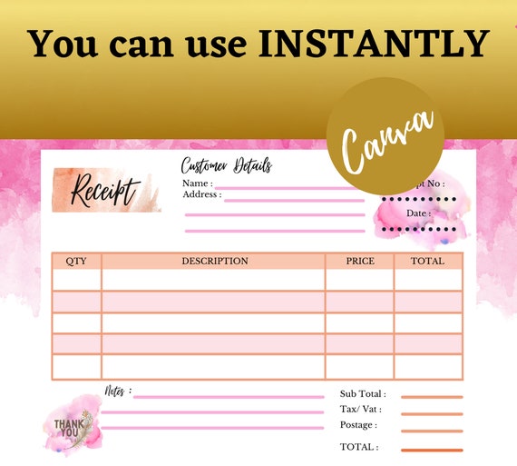 printable receipt template business canva editable a6 etsy