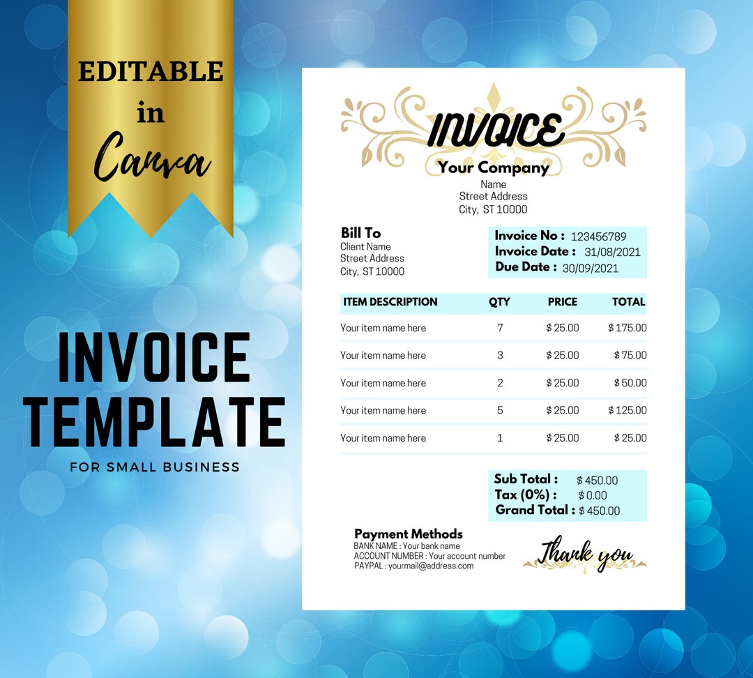 Buy Invoice Template Editable in CANVA Small Business A4 Blue Online in ...