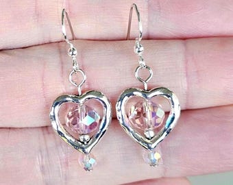 Iridescent Crystal Heart Dangle Earrings: Light Pink, Nickel-Free