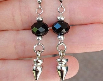 Chunky Spike Earrings, Black Crystal Earrings, Silver Pendulum, Trad Goth, Birthday Gift, Prom, Gift for Girlfriend, Gift for Daughter