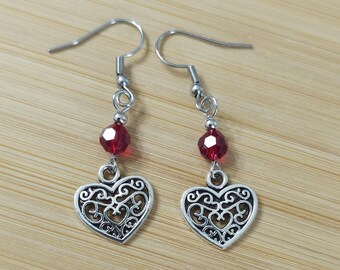 Silver Filigree Heart Earrings: Red Crystal Dangle Earrings