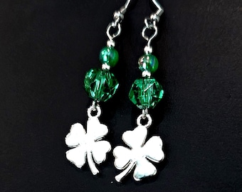 St. Patrick's Day Shamrock Dangle Earrings: Silver Tone Irish Jewelry