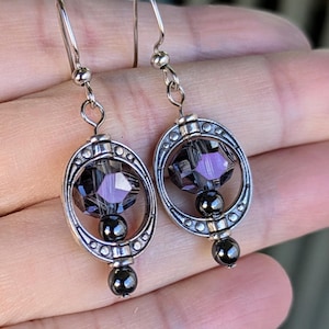 Victorian Goth Crystal Dangle Earrings: Antique Silver, Purple Iridescent