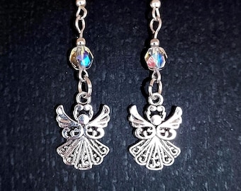Silver Angel Dangle Earrings: Filigree Charm, Iridescent Crystal