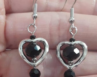 Black Crystal Heart Earrings: Gothic Silver Dangle Earrings
